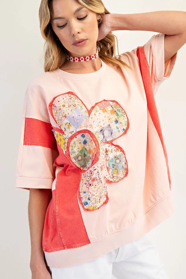 Peach Coral Flower Patch Top