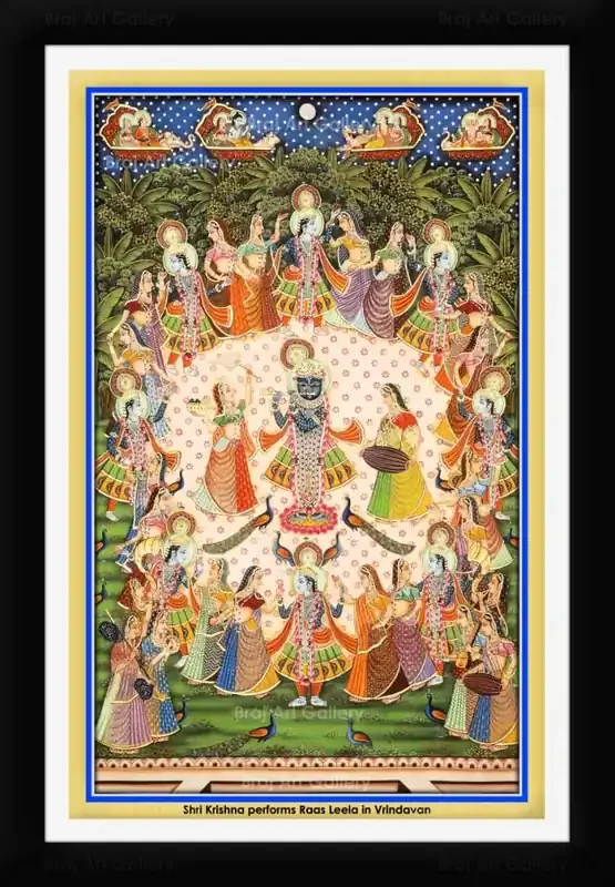 PICHWAI- PAINTED TEMPLE HANGING Krishna Performs Raas Leela in Vrindavan Pichwai Painting Framed Size 13.5X19.5 Inches