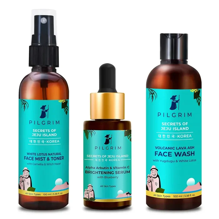 Pilgrim Korean Beauty Skin Brightening Glow Booster Anti-pigmentation Face Serum 30ml, Detoxifying Face Cleanser 100ml, Rejuvenating Face Mist & Toner 100ml For Women & Men
