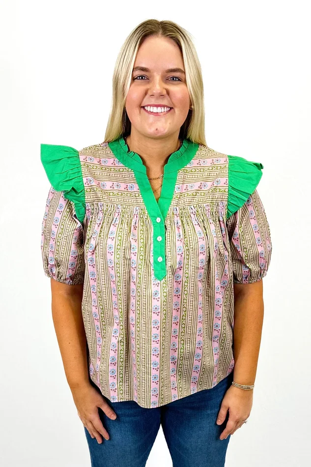 PINK & GREEN FLORAL STRIPE RUFFLE TOP
