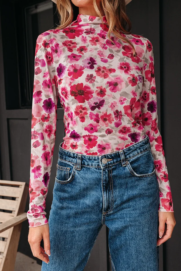 Pink Floral Print Mesh Top