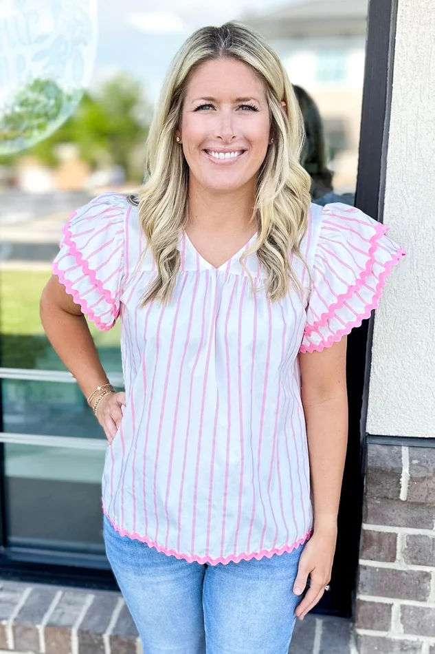 PINK STRIPE RIC RAC TRIM RUFFLE SHOULDER TOP