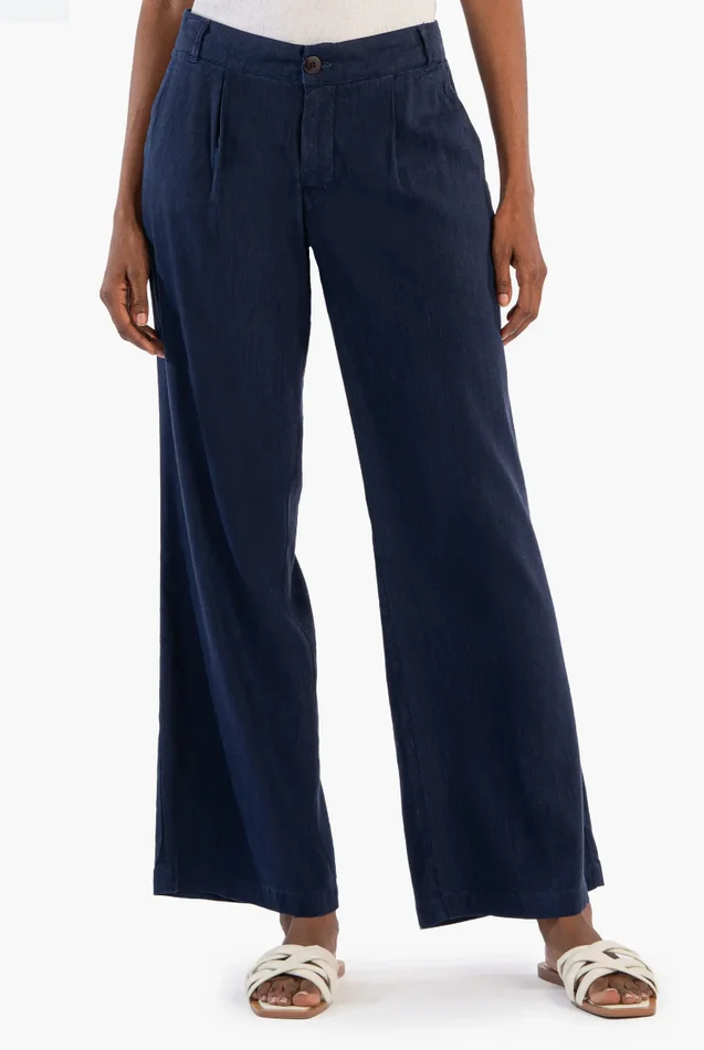 Pippa Navy Pleated Linen Wide Leg Pants – KUT