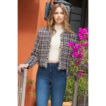 Plaid Tweed Jacket- Navy XS