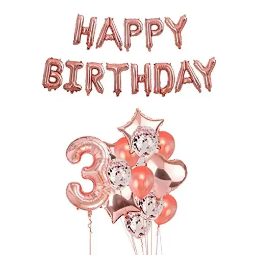 Pop The Party 3rd Year Birthday Party Decorations Rose Gold Supplies Big Set with Happy Birthday Balloons Banner and 3 Digit Balloon for Including Latex, Star, Heart and Confetti Balloons