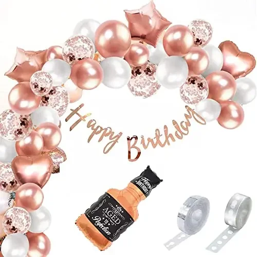 Pop The Party Rose Gold Birthday Decoration kit with Aged to Perfection Bottle,Cursive Banner,Star,Heart,Latex,Confetti Balloon and Arch for 15th,18th,21st,25th,30th,40th,50th,60th Decoration