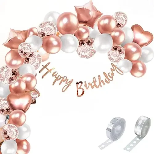 Pop The Party Rose Gold Birthday Decoration kit with Cursive Banner,Star,Heart,Latex,Confetti Balloon and Arch for 15th,18th,21st,25th,30th,40th,50th,60th Decoration