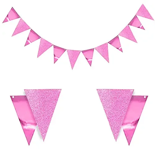 Pop the Party Triangle Flag Bunting Banner,Vintage Style Pennant Banner for Wedding, Baby Shower, Event 12pcs Flags (Pink)