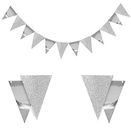 Pop the Party Triangle Flag Bunting Banner,Vintage Style Pennant Banner for Wedding, Baby Shower, Event 12pcs Flags (Silver)