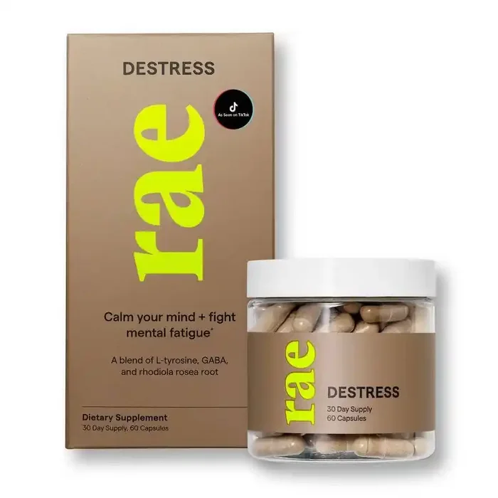 Rae Destress Dietary Supplement Vegan Capsules for Stress Relief – 60ct