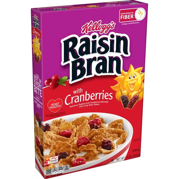 Raisin Bran Kellogg‘s Raisin Bran Cold Breakfast Cereal, Fiber Cereal, Heart Healthy, Original with Cranberries, 14oz Box (1 Box)