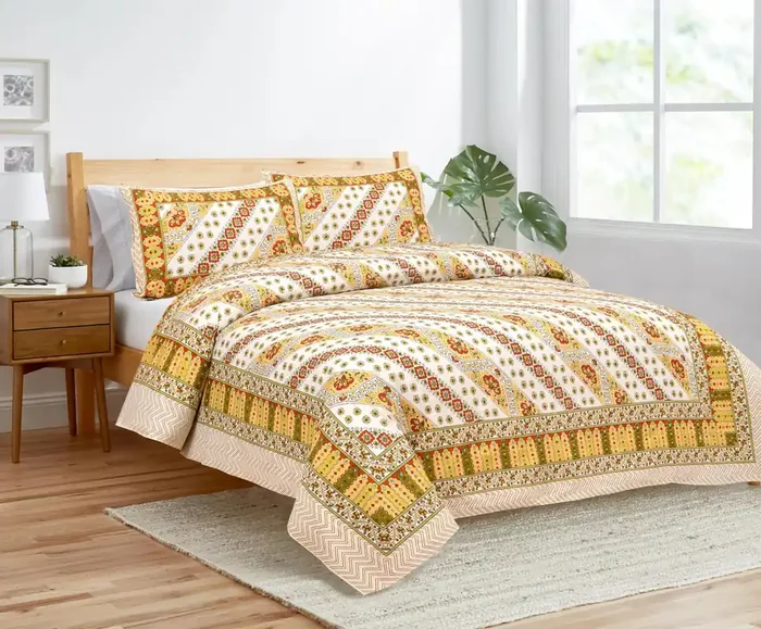 RAJASTHANI PUPPETS UltraRich Floral Yellow Cotton Double Bedsheet 2 Pillow Cover 1 Sheet