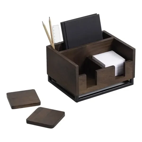 Realspace Acadia Wood/Metal Desktop Organizer With Coasters, 8-3/4″” X 7″”, Walnut/Black