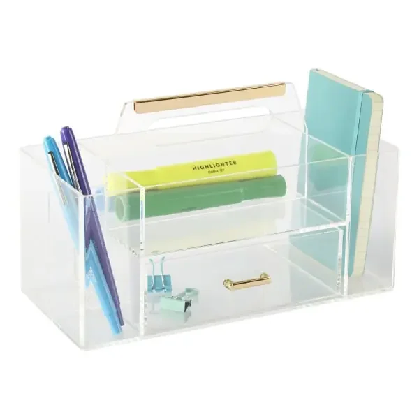 Realspace Acrylic Desktop Caddy With Handle, 6″H X 9-7/8″W X 4-3/4″D, Clear/Gold
