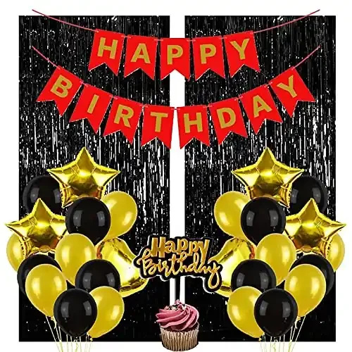 Red Gold Black Happy Birthday Banner Balloon Set with Curtain Pack of 24 for Including Latex StarHeartRed Happy Black Curtain Birthday Banner and Cake Topper