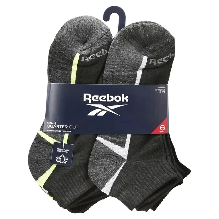 Reebok Men‘s Quarter Cut Socks, Black/Yellow, Size 10-13, 6 Pack