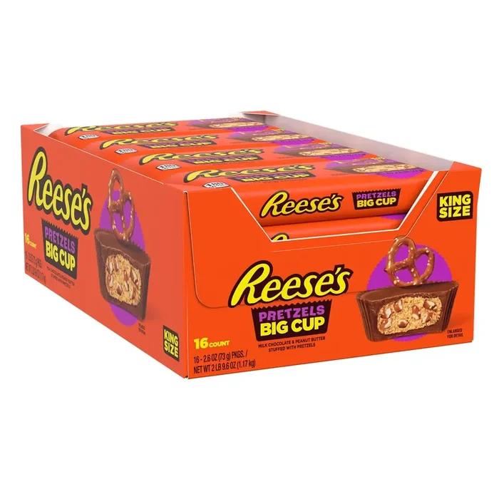 Reese‘s Big Cup with Pretzels Milk Chocolate King Size Peanut Butter Cups, Candy Packs, 2.6 oz (16 Count)