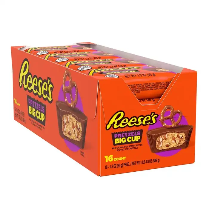 Reese‘s Big Cup with Pretzels Milk Chocolate Peanut Butter Cups, Candy Packs, 1.3 oz (16 Count)