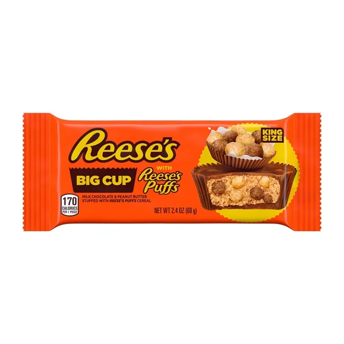 Reese‘s Big Cup with Puffs Cereal Milk Chocolate King Size Peanut Butter Cups, Candy Pack, 2.4 oz