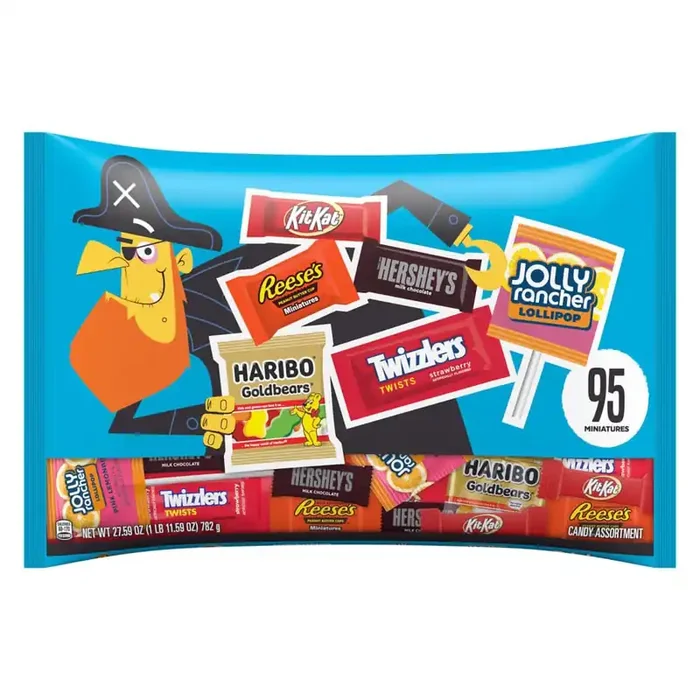 Reese‘s Hershey Assorted Milk Chocolate and Fruit Flavors Bite Size, Halloween Candy Variety Bag, 27.59 oz (95 Pieces)
