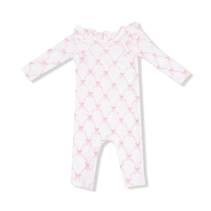 RIBBON BOW TRELLIS LONG SLEEVE RUFFLE ROMPER