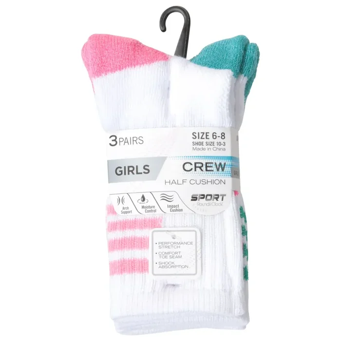 Round the Clock Sport Girls Crew Socks Size 4-6 3 ea