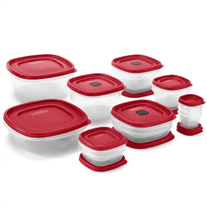 Rubbermaid 28pc Plastic Food Storage Container Set Microwave & Freezer Safe, Dishwasher Safe, Red/Clear