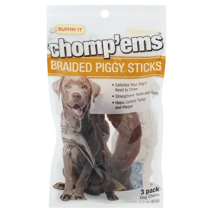 Ruffin‘ It Chomp‘ems Braided Piggy Sticks Dog Chews 3 ea
