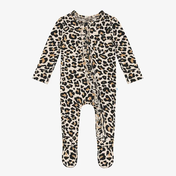 Ruffled Zippered One Piece | Lana Leopard Tan | Baby Girl Sleeper