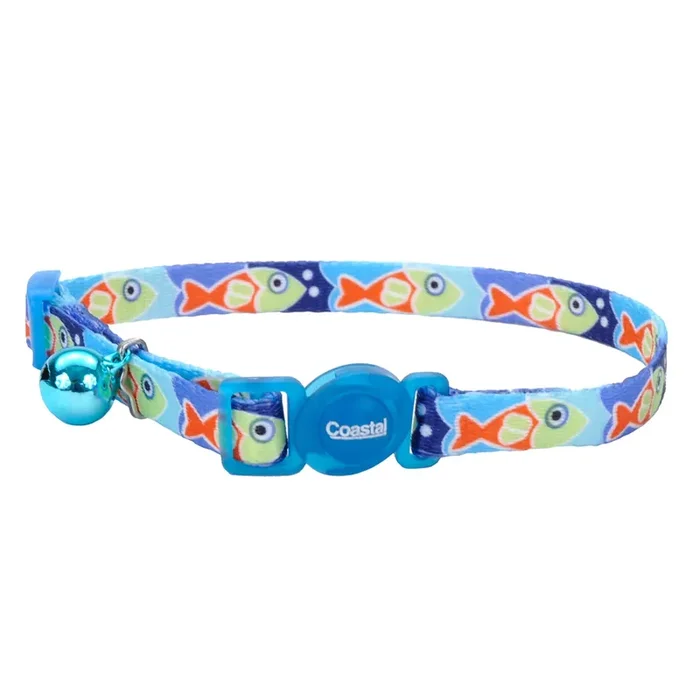 Safe Cat Fashion Adjustable Breakaway Collar, Blue Fish, 3/8″ x 8″-12″