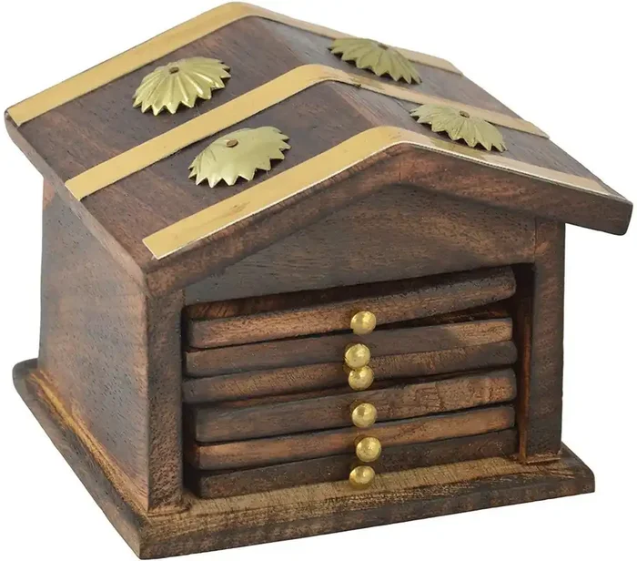 SAHARANPUR HANDICRAFTS – Wooden Coaster Set Hut Shape Antique Design Table Decor Kitchen Used Coaster