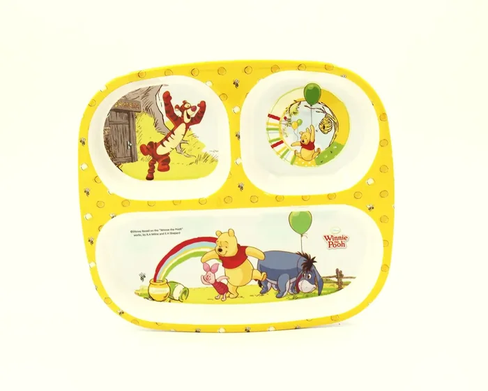 SAHARANPUR HANDICRAFTS Melamine Kids Plate Rectangular 3 Section Multicolor Plate with Winnie The Pooh Prints Food Serving Plate with Partition (Winnie The Pooh)