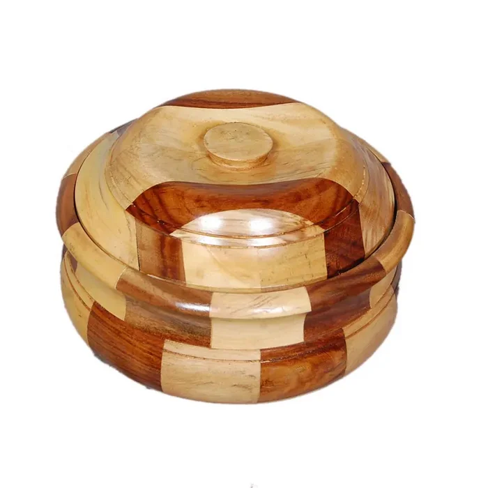 SAHARANPUR HANDICRAFTS Wooden Stainless Steel Bread CHAPATI Casserole with Engraved Design Finish Kitchen Home Decor Ideal for Diwali and Christmas (Dimension 7 Inch X 9 Inch Brown)