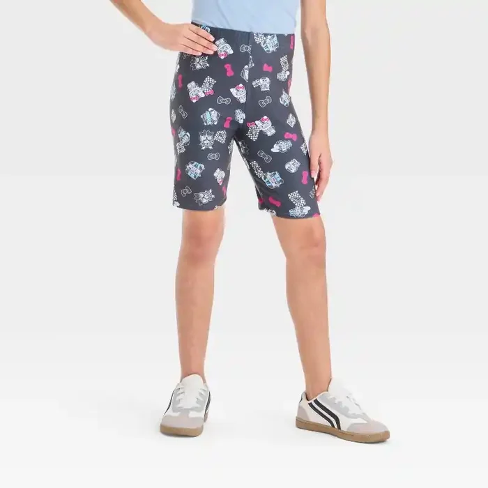 Sanrio Girls‘ Hello Kitty Bike Shorts – Black XL Polyester Spandex Blend, Pull-On Waist, Jersey Fabric