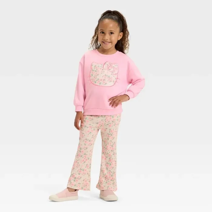 Sanrio Toddler Girls‘ 2pc Hello Kitty Floral Cozy Fleece Sweatshirt and Pants Set – Light Pink 2T