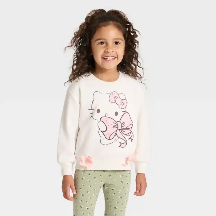 Sanrio Toddler Girls‘ Hello Kitty Bow Fleece Sweatshirt – Cream 2T
