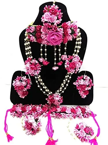 Sanvatsar Flower Jewelry Set for Haldi Baby Shower Mehendi Godbharai Pink Paper Set for Women and Girls