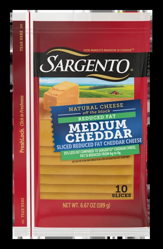 Sargento Reduced Fat Natural Medium Cheddar Sliced Cheese, 10 Slices, 6.67 oz