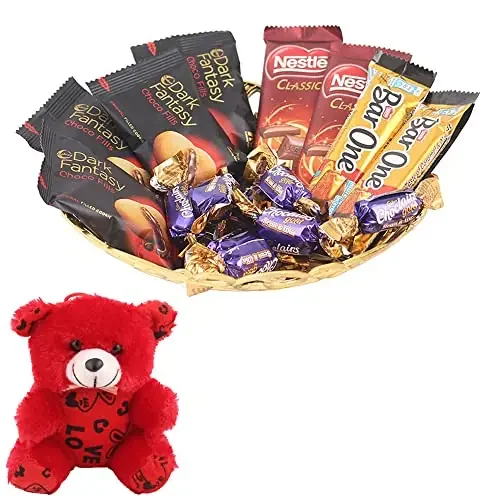 SFU E Com Nestle and Dark Fantasy Chocolate Gift Hamper Valentine Teddy Bear with Chocolate Combo Valentine Chocolate Hamper 1112