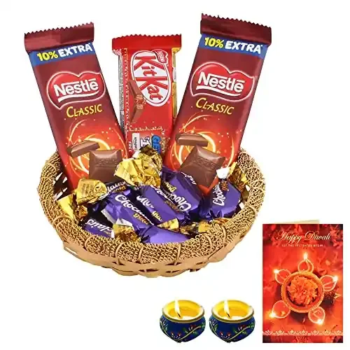 SFU E Com Nestle Chocolates Gift Hamper Premium Diwali Chocolate Gift Premium Diwali Chocolate Gift Hamper with Greeting Card & 2 Pieces Diya Set 296