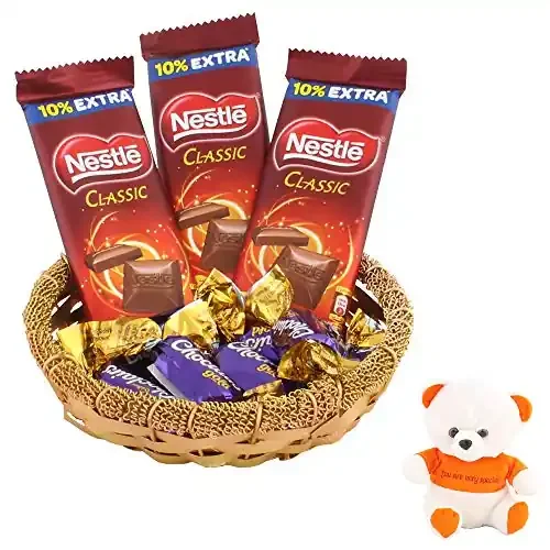 SFU E Com Nestle Classic & Choclairs Gold Chocolates Gift Hamper Valentine Love Teddy Bear with Chocolate Combo Valentine Chocolate Hamper 298