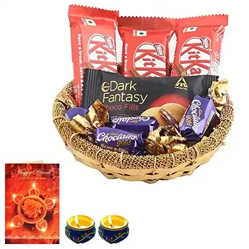 SFU E Com Nestle Kitkat with Creamy Dark Fantasy Premium Diwali Chocolate Gift Premium Diwali Chocolate Gift Hamper with Greeting Card & 2 Pieces Diya Set 1104