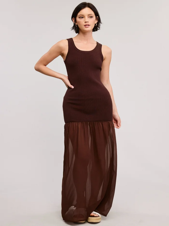 Sheer Contrast Maxi Dress – Brown