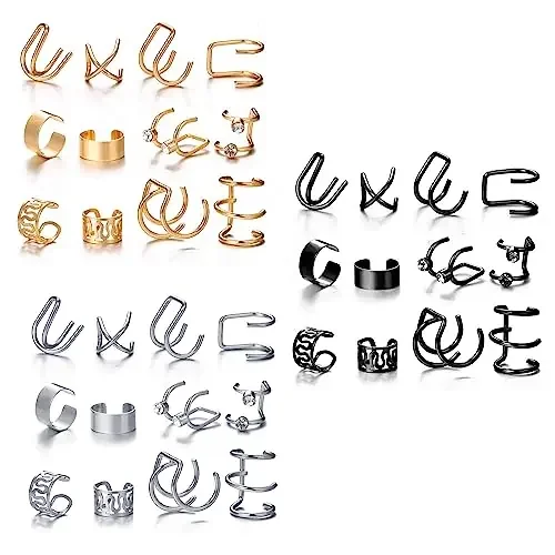Shining Diva Fashion Latest Stylish 36 Pcs Combo Clip On Ear Cuff Earrings for Women Girls Men Punk Non-Piercing Cute Gold Silver Black Color Fake Cartilage Earrings