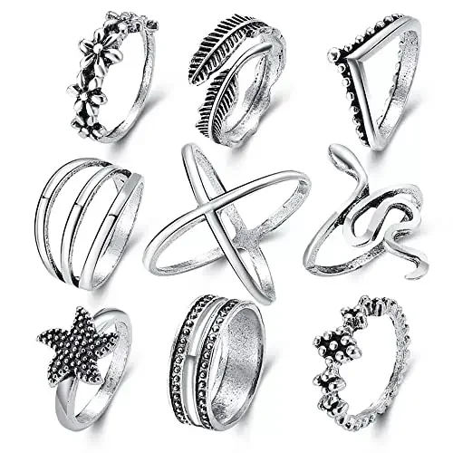 Shining Diva Fashion Latest Stylish Metal Boho Midi Finger Rings for Women and Girls – Set of 9 (E13049r) Silver Metal No Gemstone