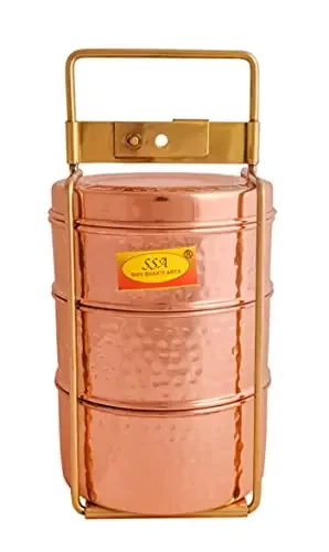 Shiv Shakti Arts Certified 100% Pure Copper Nickle 3 – Compatment Lunch Box Brown Food Grade – Royal Family Design – with Brass Handle