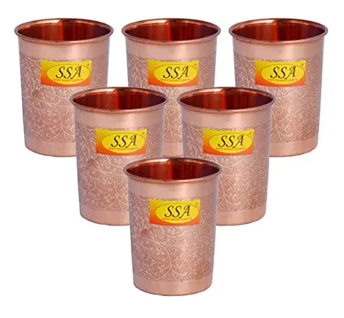 Shiv Shakti Arts Copper Glass Tumbler Cup Embossed Etching Design for Drinking Serving Water (6 Pcs = Vol – 300 ML Each)