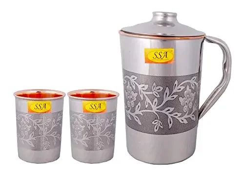 Shiv Shakti Arts Embossed Luxury Engraved Design Steel Copper Jug Glass Set – 3 Pieces Drinkware Set – (Capacity -1.5 Liter)