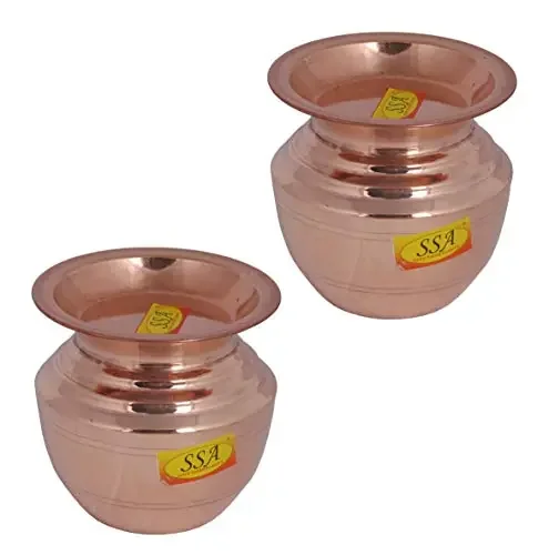 SHIV SHAKTI ARTS Handmade Pure Copper Kumbha Kalash/Lota with Lid Rounded & Curved Design Volume=700 ML for Diwali Pooja Festival-Home Decoration Set of 2