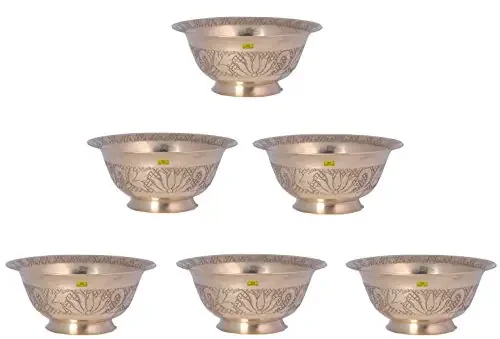 SHIV SHAKTI ARTS Handmade Pure Set of 6 Brass Bowl/Katori Embossed Flower Design Volume=150 ml